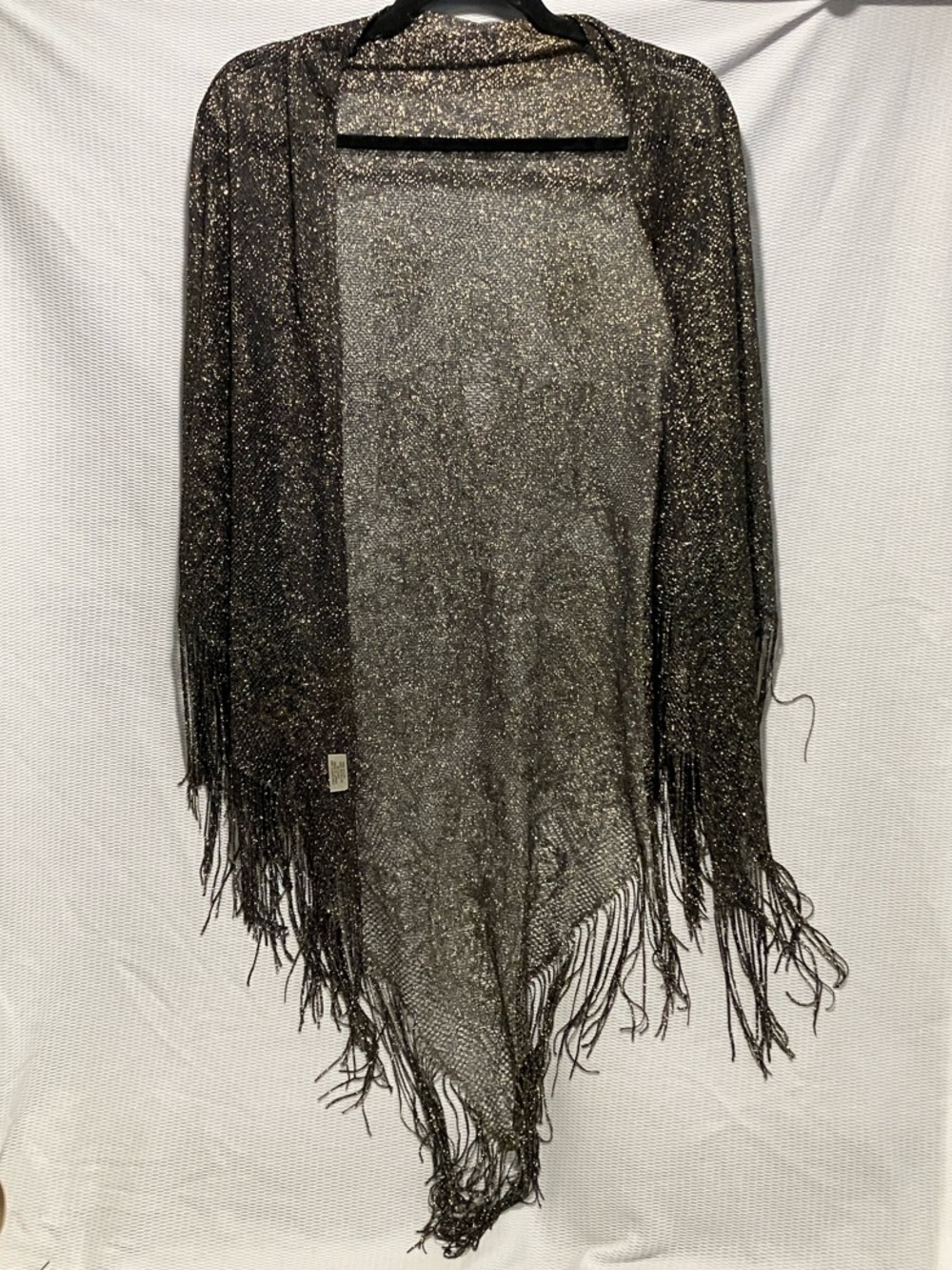 Metallic Fringe Open-Front Poncho Wrap - Black